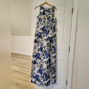 Adrianna Papell Sleeveless Jacquard Halter Neck Gown with Cascade Detail